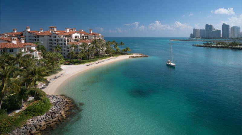 Luxury waterfront residences along a private island shoreline with turquoise waters and a sailboat nearby, representing premium coastal real estate