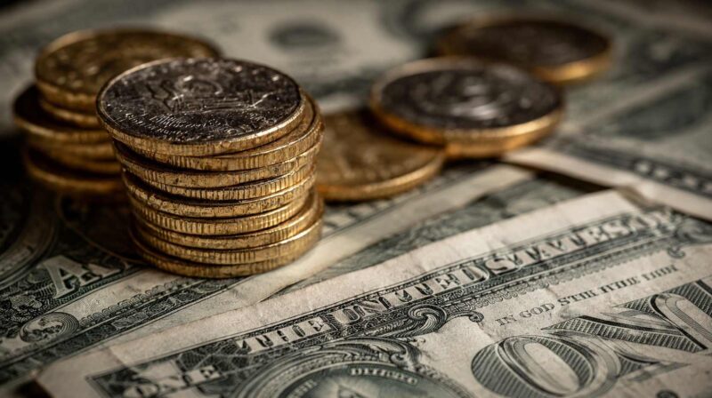 Stacks of coins placed on U.S. dollar bills, symbolizing wealth movement, investment, and economic growth.