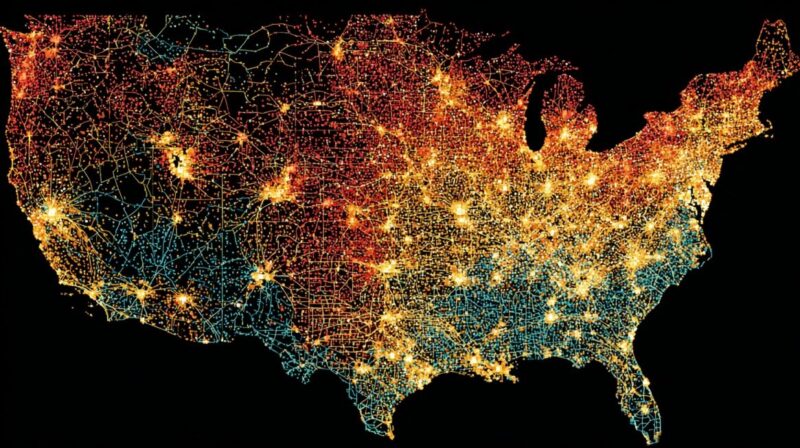Colorful map of the United States showing illuminated networks and regional patterns, representing wealth distribution and economic activity across the country