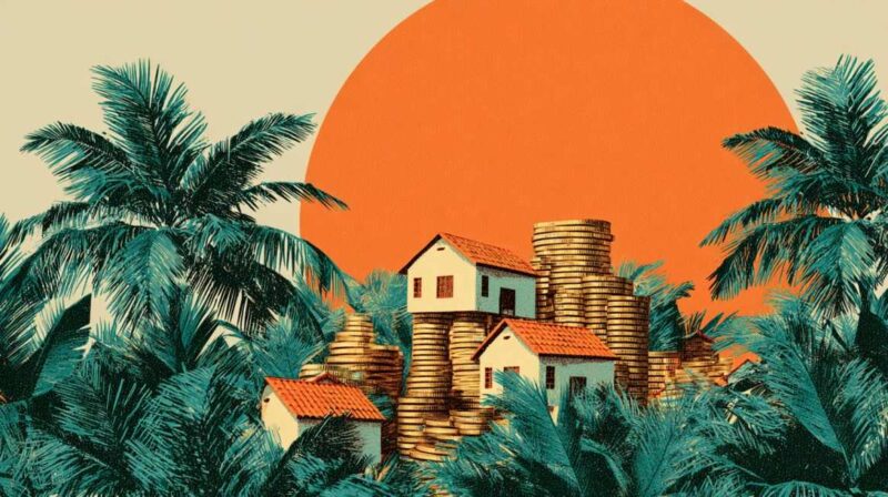 Illustration of homes and stacks of coins surrounded by palm trees, symbolizing affluent neighborhoods, real estate wealth, and high-value ZIP codes.