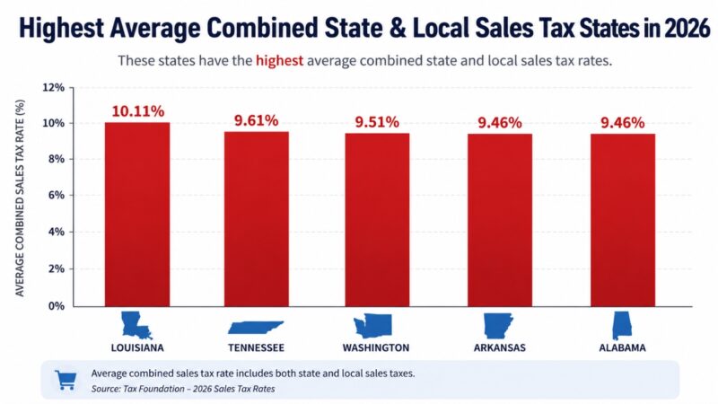 Bar chart showing the states with the highest combined sales tax rates in 2026