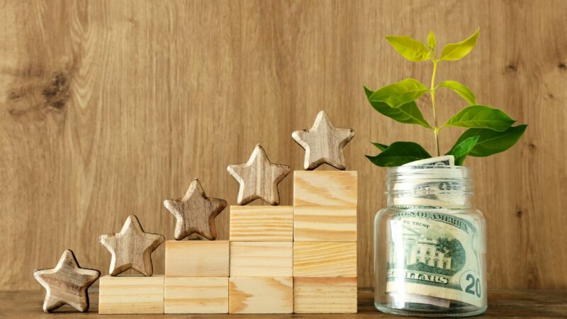 Wooden star rankings sit beside a money jar with a small green plant
