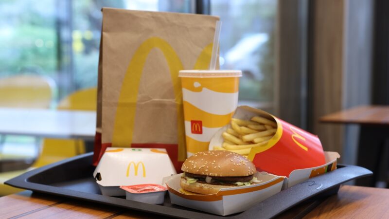 McDonald’s burger meal with fries and a drink on a tray