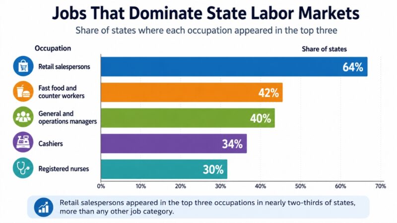 Bar chart showing the most common occupations across U.S. states by percentage