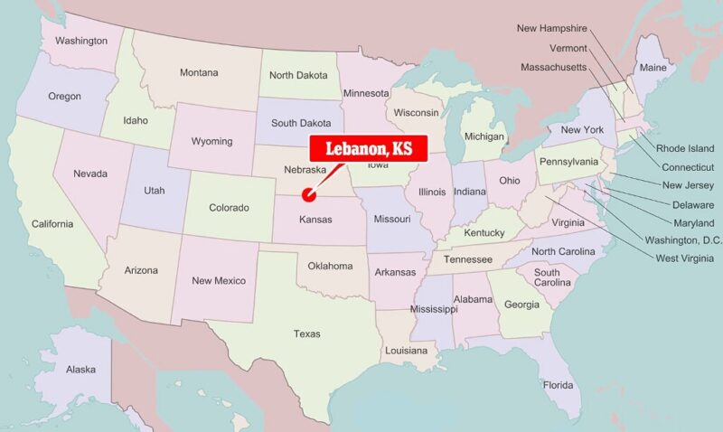 Map of the United States highlighting Lebanon, Kansas, near the geographic center of the contiguous 48 states