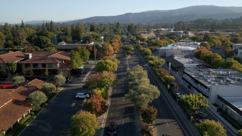 Aerial view of a quiet residential street in Los Altos Hills, California
