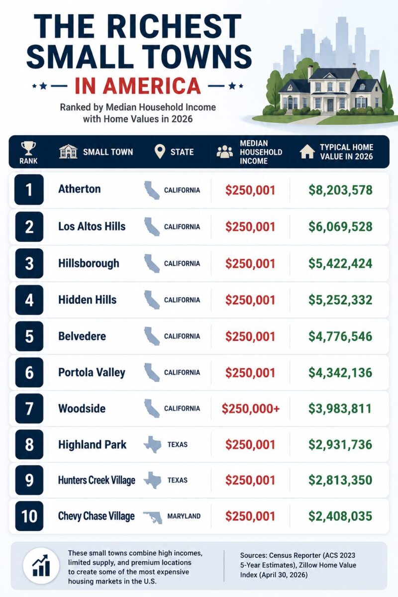 Infographic ranking the richest small towns in America by income and home values in 2026