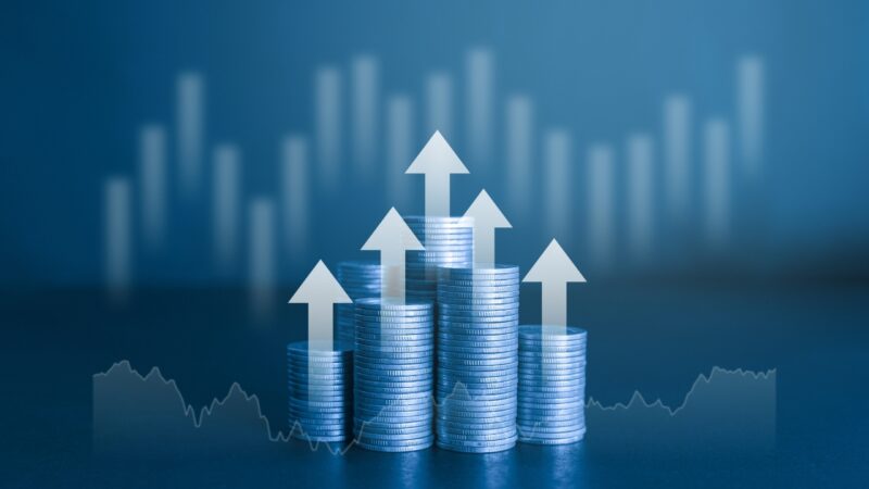 Stacks of coins with upward arrows show income growth and wealth data