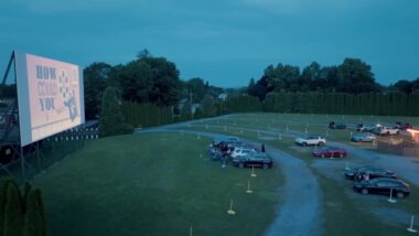 Cars parked at Shankweiler Drive-In during an outdoor movie night in Pennsylvania